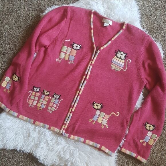 Christopher & Banks embroidered pink Cat Sweater Jacket Shacket Size Medium - Picture 1 of 9